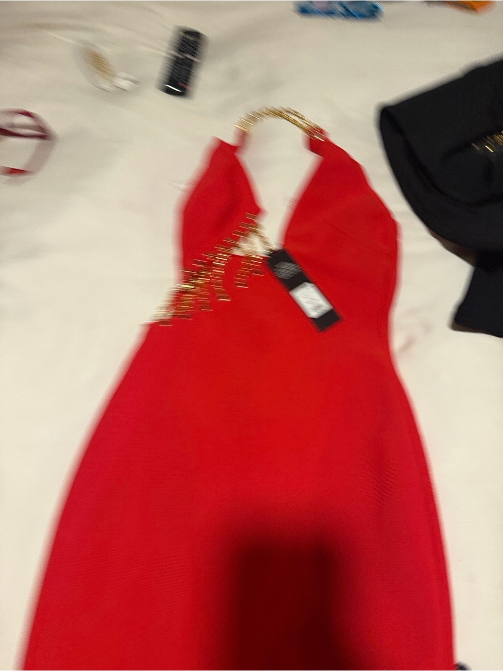 Fashion Nova Red One-Shoulder Evening Dress with Gold Chain Accent